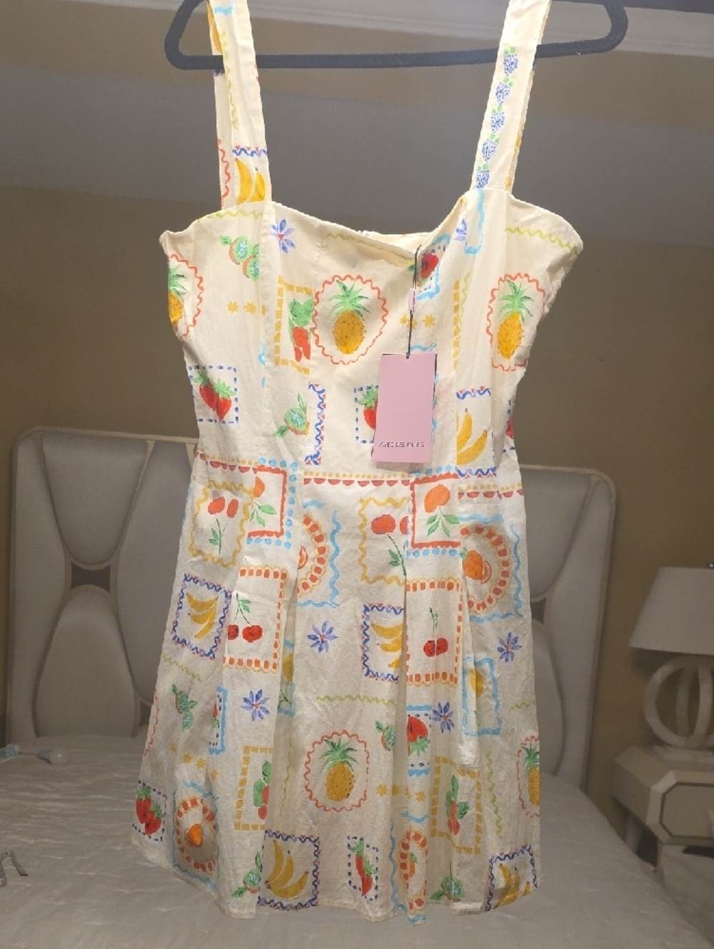 Avec Les Filles White Cotton Fruit-Print Flared Mini Dress Size 14 - Picture 4 of 16